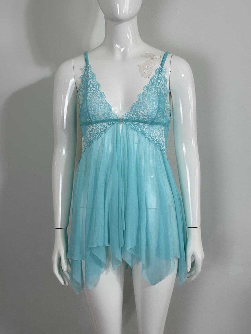 Women Babydoll Lingerie Chemise Sheer Mesh Lace Nightgown Size S Turquoise Blue